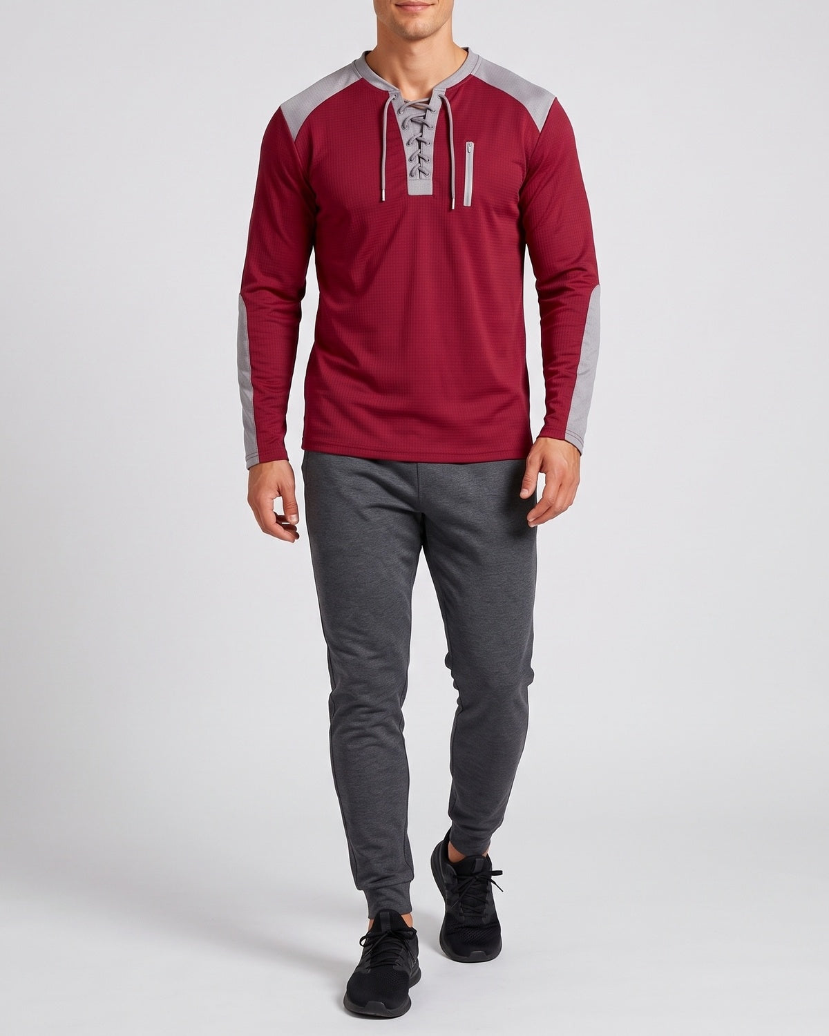 KZZ Men's drawstring waffle color-blocked long-sleeved plus-size casual sports style sweatshirt