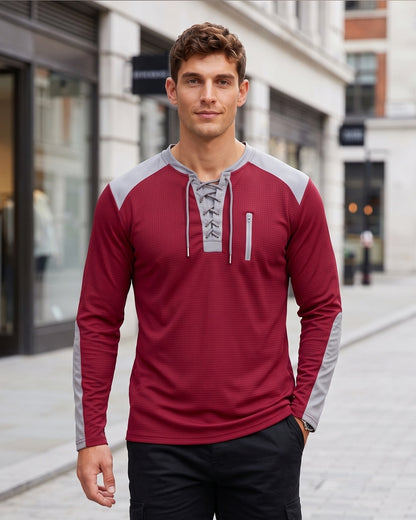 KZZ Men's drawstring waffle color-blocked long-sleeved plus-size casual sports style sweatshirt