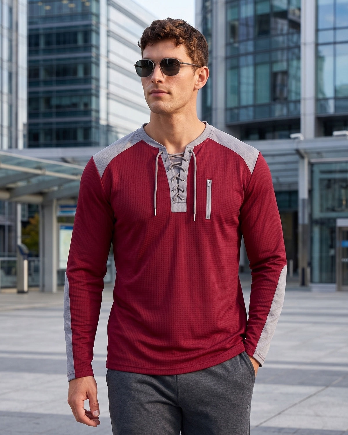 KZZ Men's drawstring waffle color-blocked long-sleeved plus-size casual sports style sweatshirt