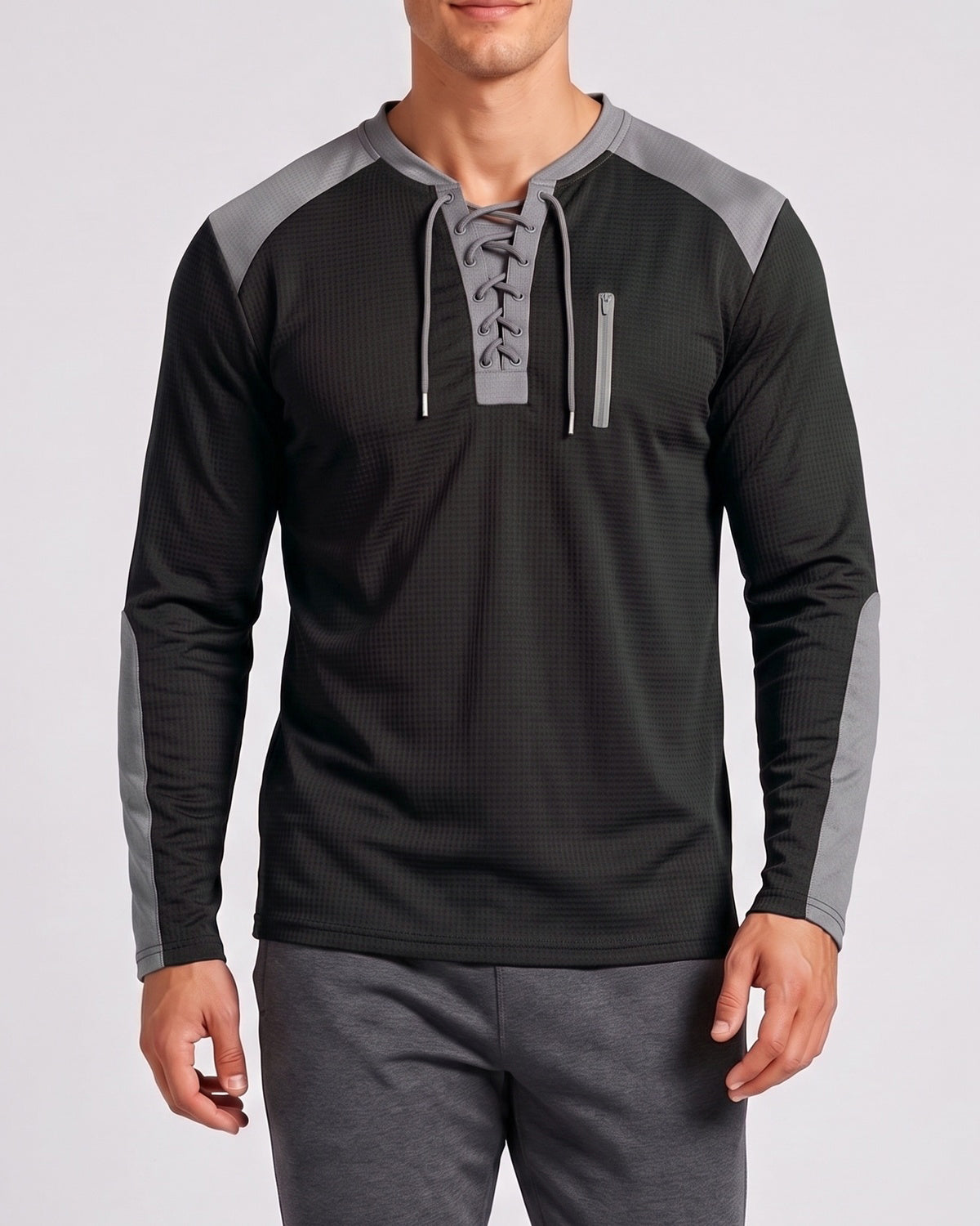 KZZ Men's drawstring waffle color-blocked long-sleeved plus-size casual sports style sweatshirt