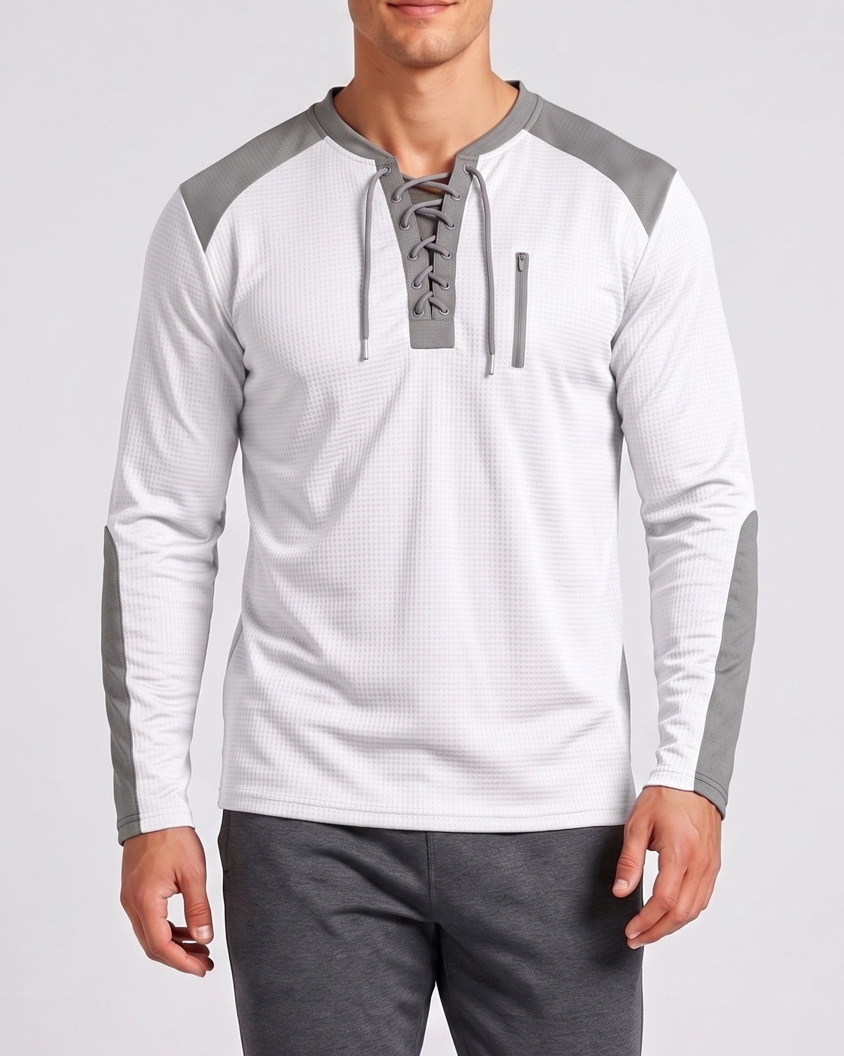 KZZ Men's drawstring waffle color-blocked long-sleeved plus-size casual sports style sweatshirt