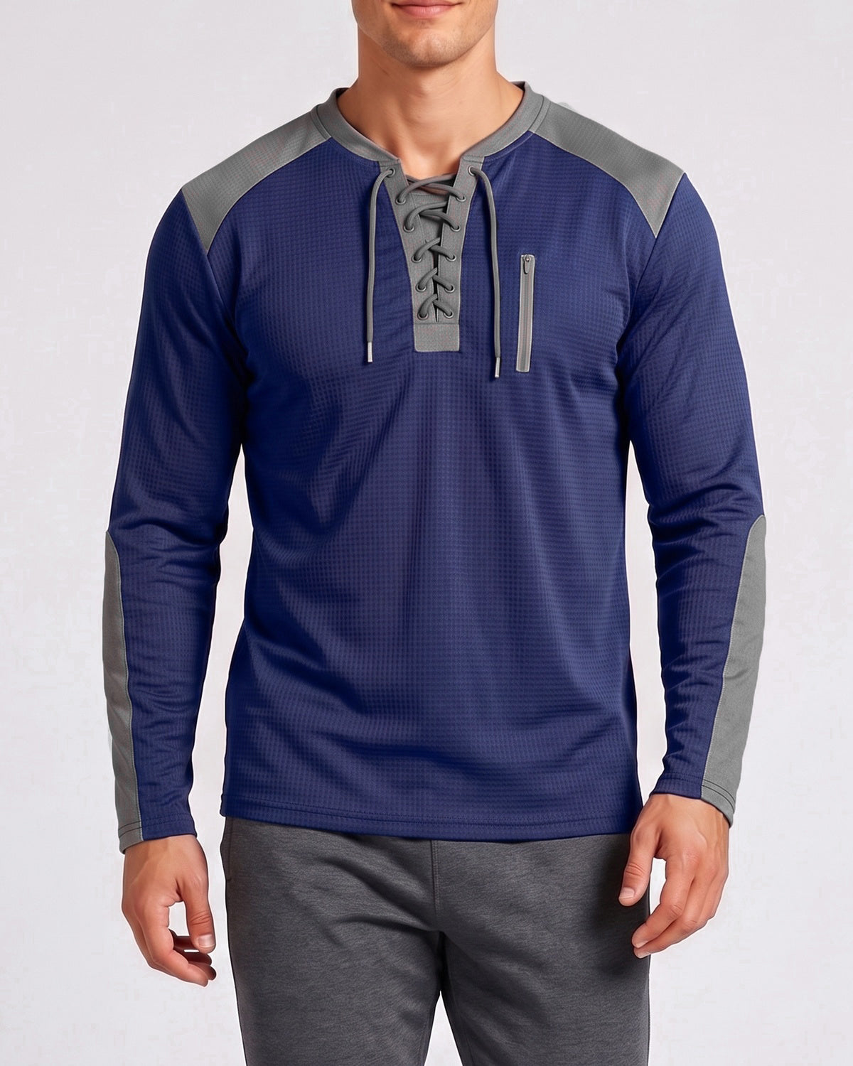 KZZ Men's drawstring waffle color-blocked long-sleeved plus-size casual sports style sweatshirt