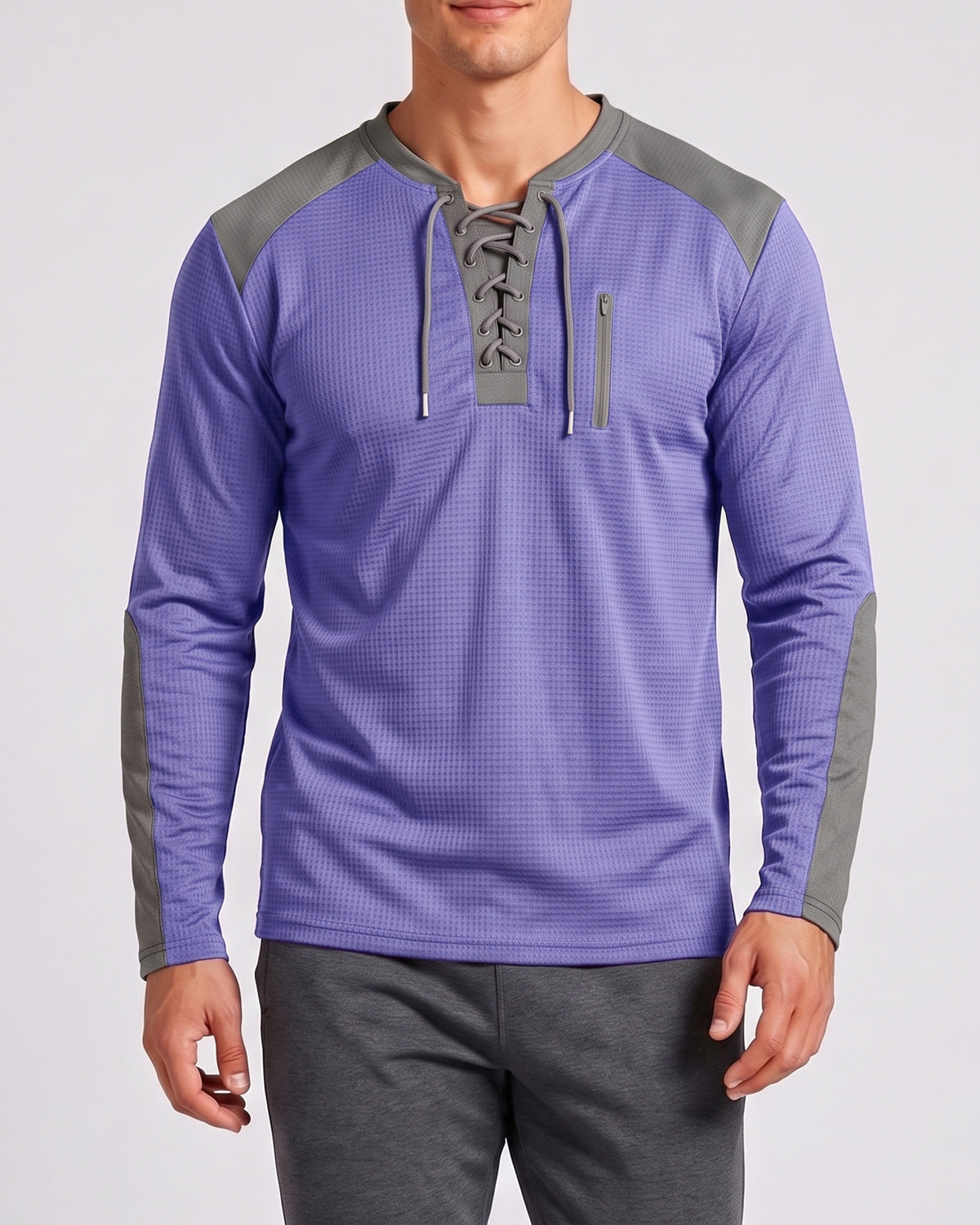 KZZ Men's drawstring waffle color-blocked long-sleeved plus-size casual sports style sweatshirt