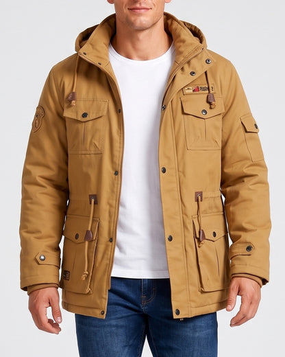 KZZ Men's Plain Slim-Fitting Workwear Hooded Utility Coat Commuting Menswear Outerwear