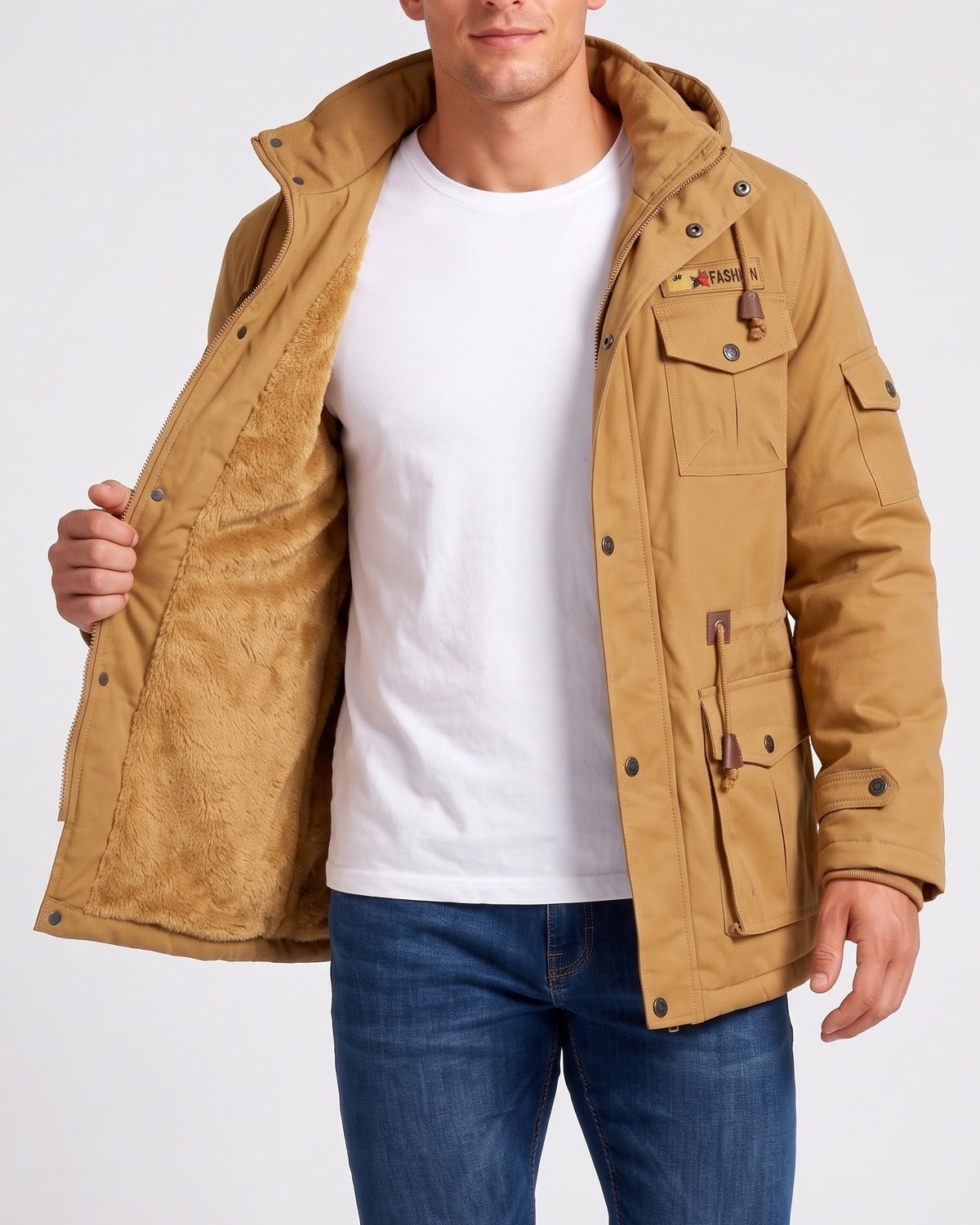 KZZ Men's Plain Slim-Fitting Workwear Hooded Utility Coat Commuting Menswear Outerwear