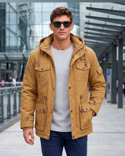 KZZ Men's Plain Slim-Fitting Workwear Hooded Utility Coat Commuting Menswear Outerwear