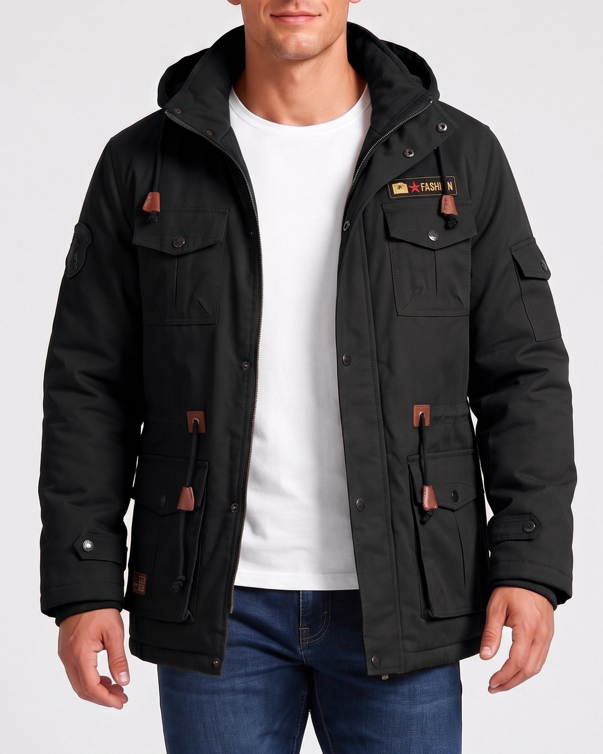 KZZ Men's Plain Slim-Fitting Workwear Hooded Utility Coat Commuting Menswear Outerwear