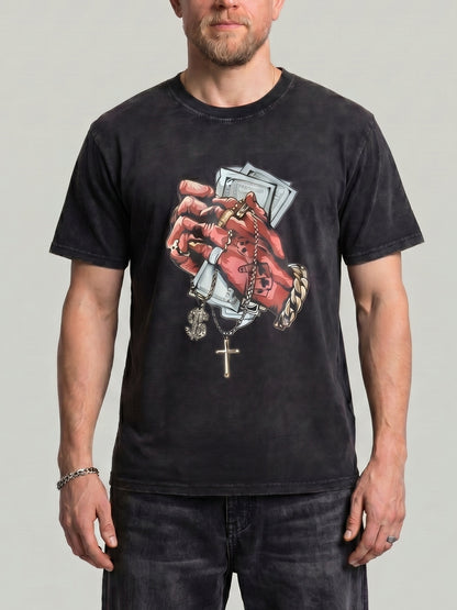 KZZ Hip-hop style acid-washed distressed short-sleeve T-shirt