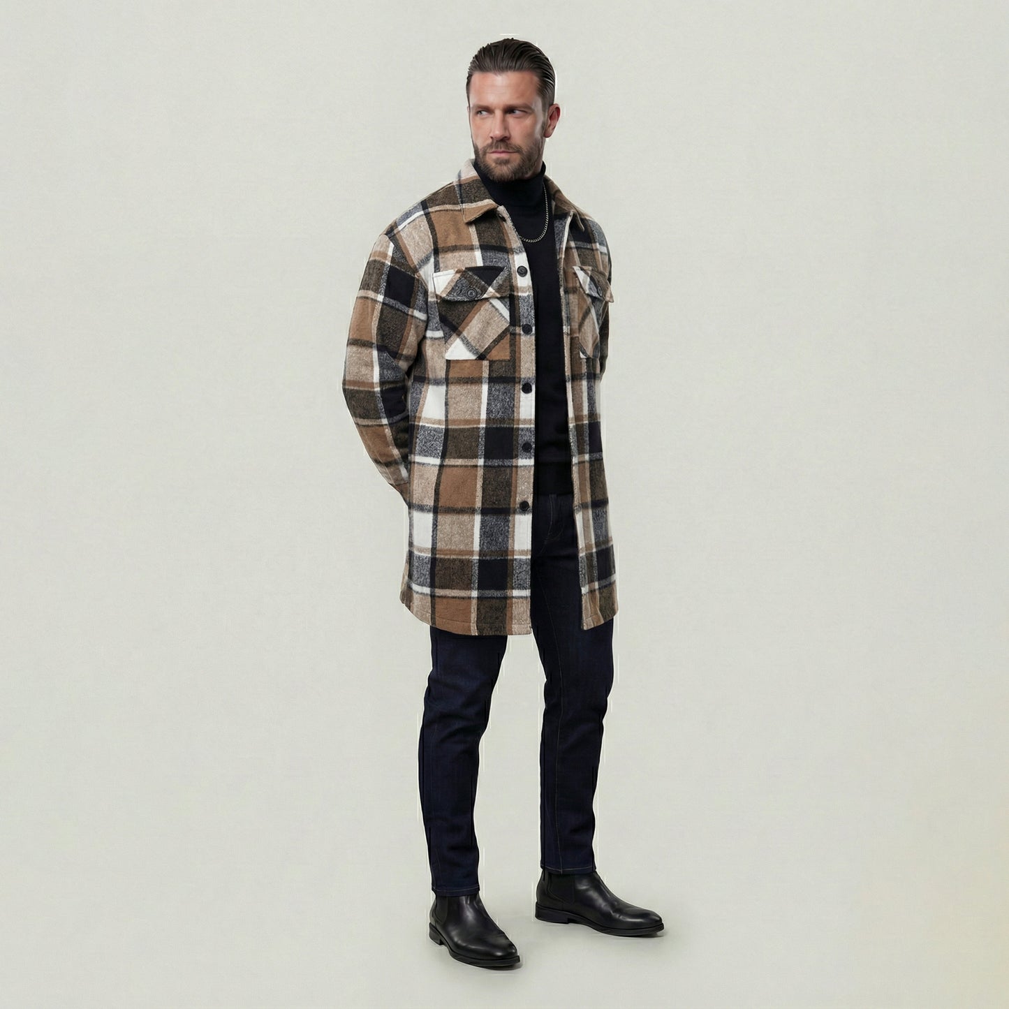 KZZ Men's plaid check long coat, with a buttoned lapel, loose fit