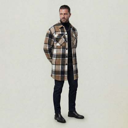 KZZ Men's plaid check long coat, with a buttoned lapel, loose fit