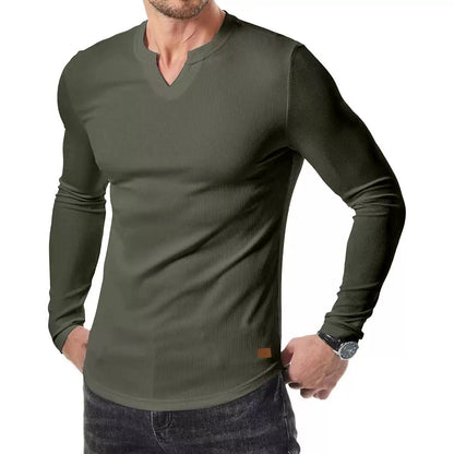KZZ Men's Solid Casual Shirt Slim Fit T-Shirt, V-Neck Long Ribbed T-Shirt