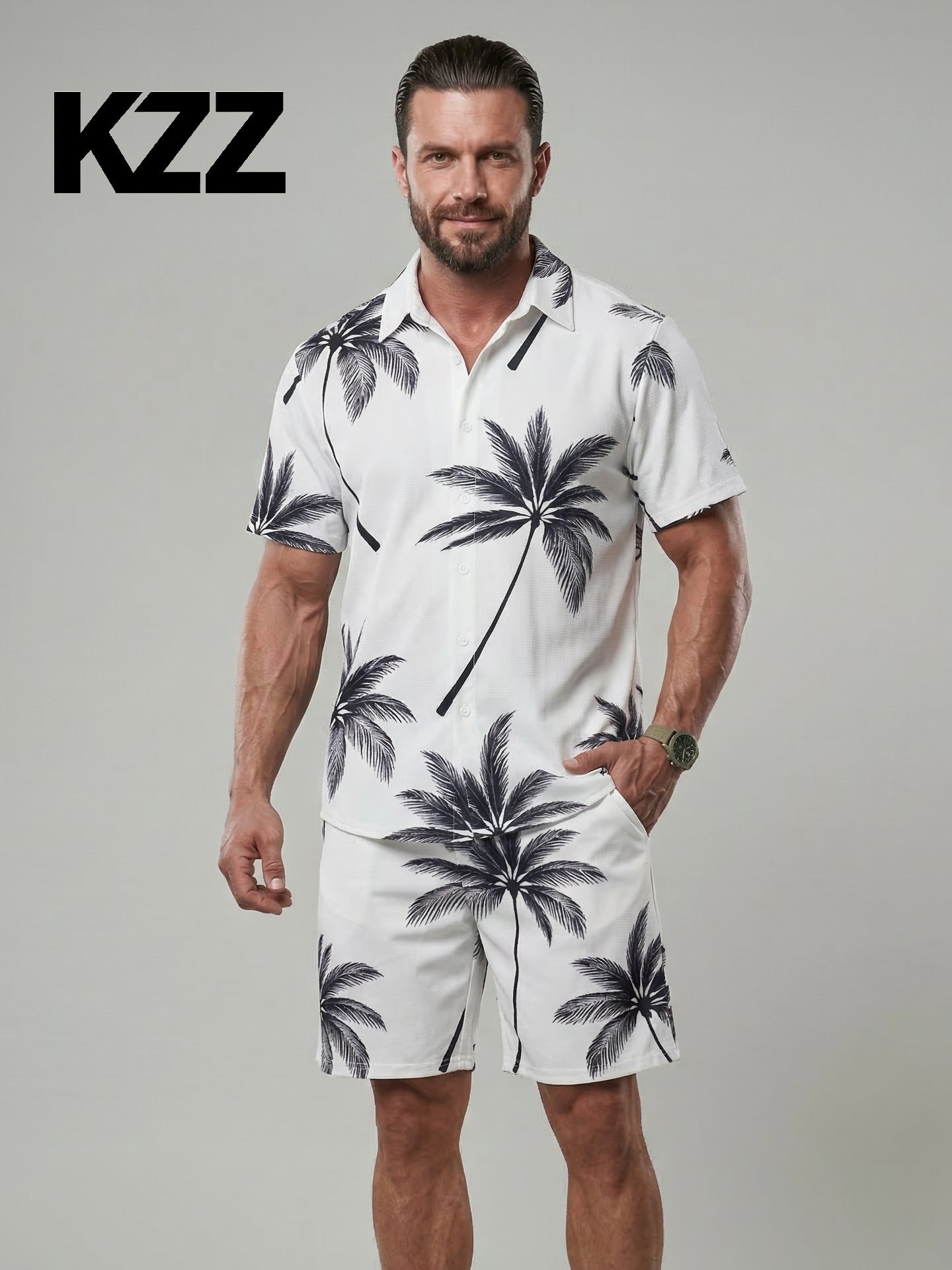 KZZ Men's Tropical Palm Tree Print Outdoor Casual Set