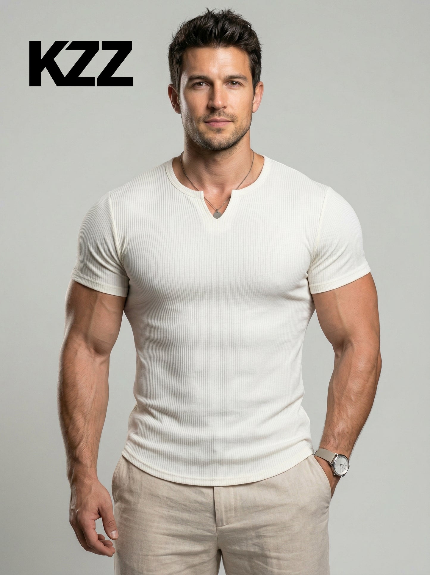 KZZ Men's Spring Summer Outfits Vertical Striped Textured V-Neck Short Sleeve T-Shirt