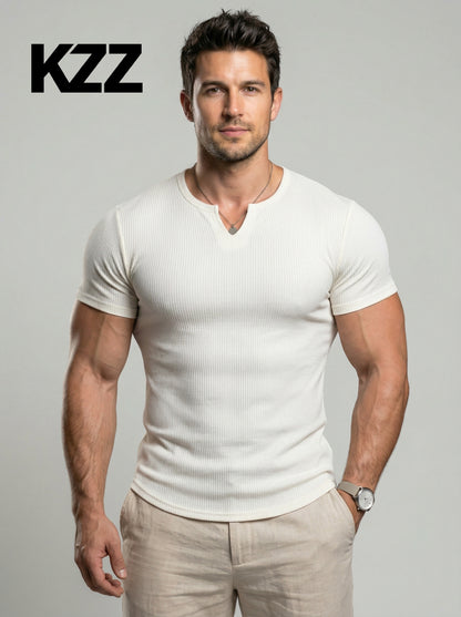 KZZ Men's Spring Summer Outfits Vertical Striped Textured V-Neck Short Sleeve T-Shirt