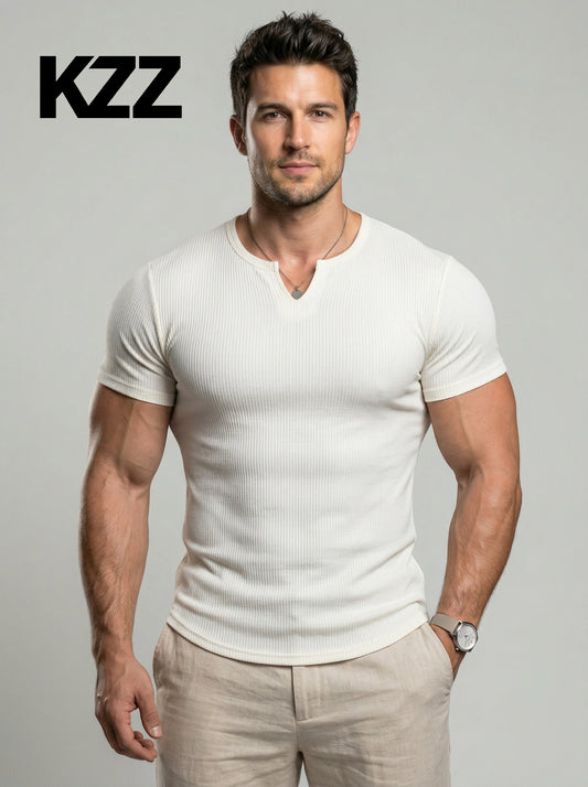 KZZ Men's Spring Summer Outfits Vertical Striped Textured V-Neck Short Sleeve T-Shirt