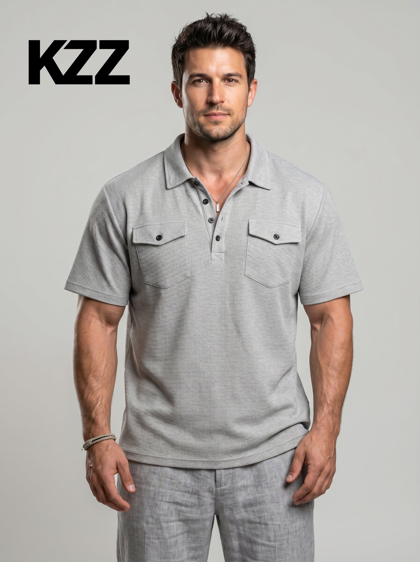 KZZ Men's Business-Casual Athletic-Style Waffle-Knit Solid-Color Short-Sleeve Polo Shirt