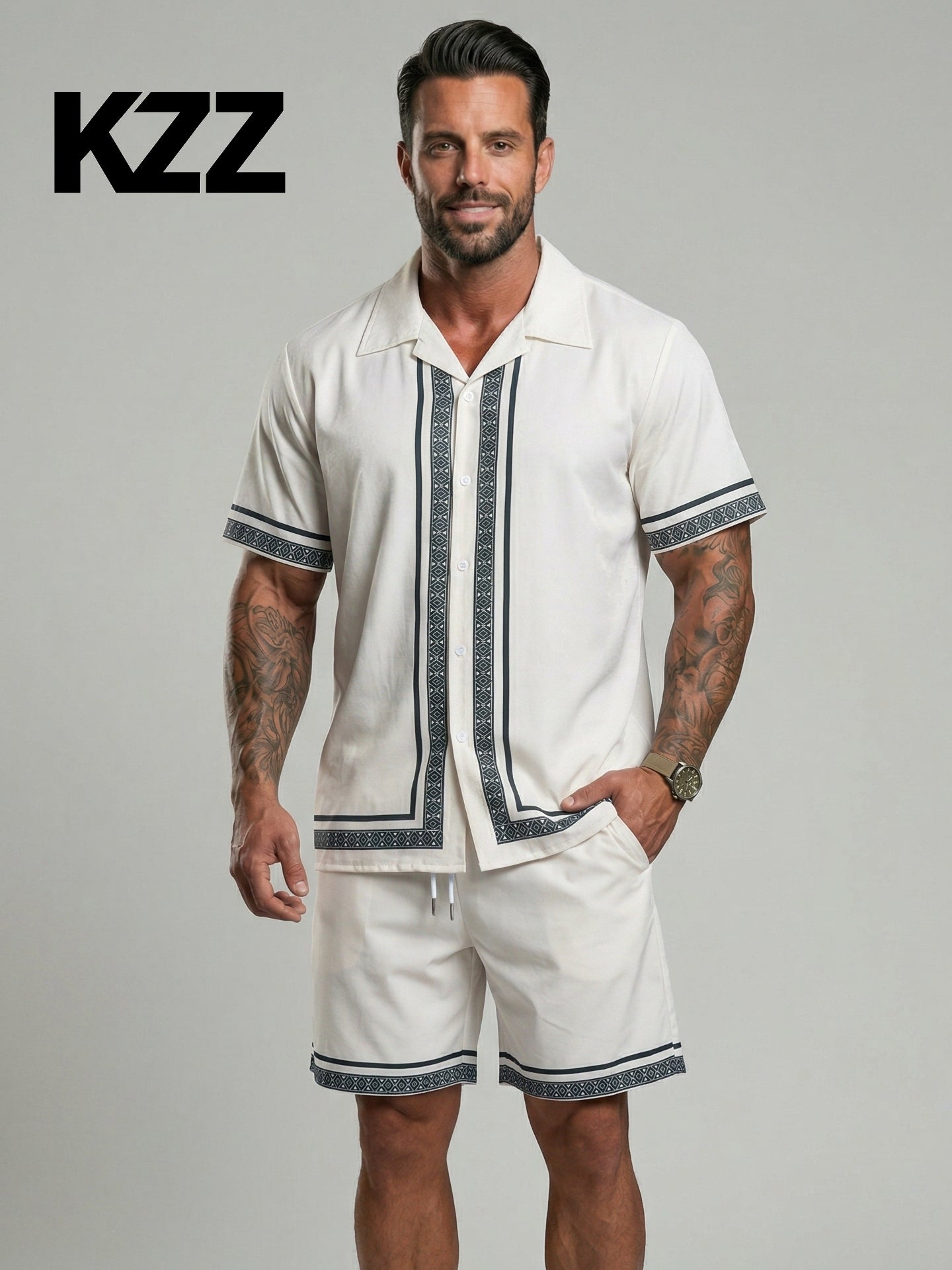 KZZ Casual Vacation Short-Sleeve Shirt and Shorts Set