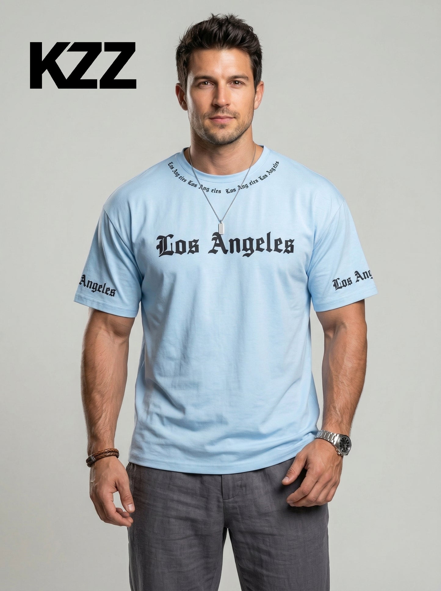 KZZ  Men's Crew-Neck T-Shirt with Letter Print