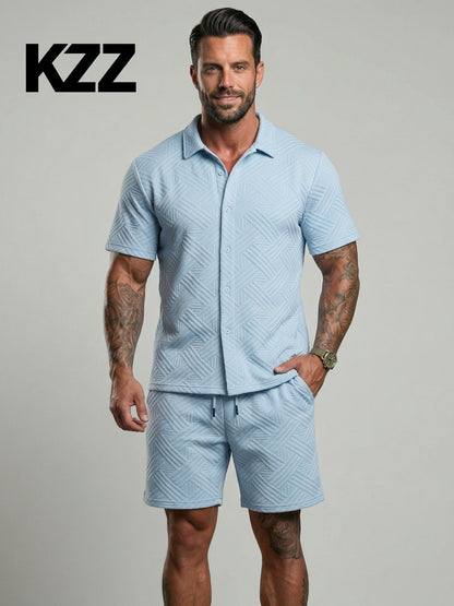 KZZ Short-sleeve button-down shirt and drawstring shorts