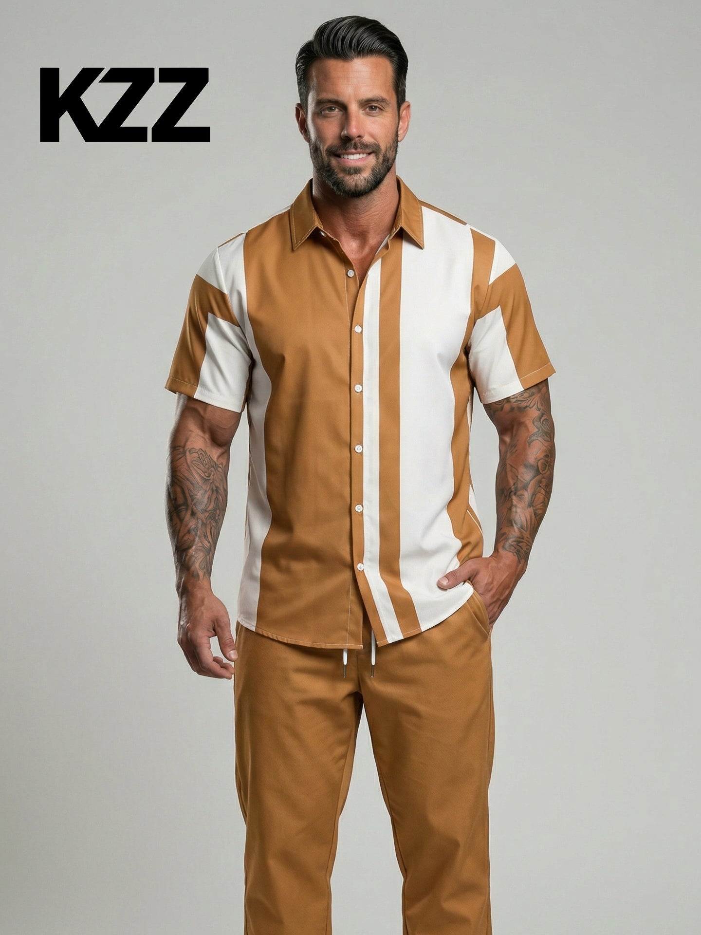 KZZ Men's Two-Piece Loungewear Set: Color-Block Printed Short-Sleeve Top and Long Pants