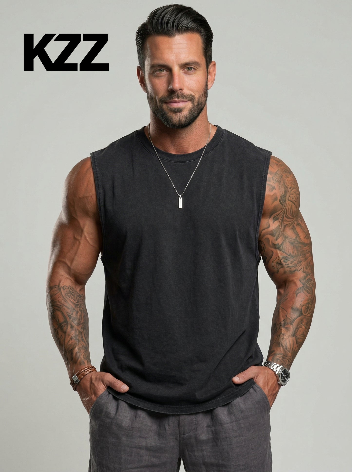 KZZ Men's Washed Sleeveless Fitted Casual Plain Vest