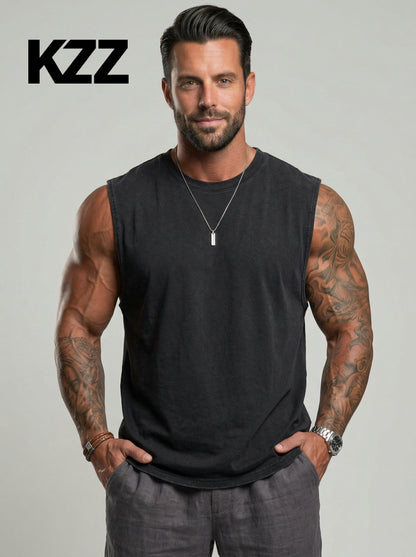 KZZ Men's Washed Sleeveless Fitted Casual Plain Vest