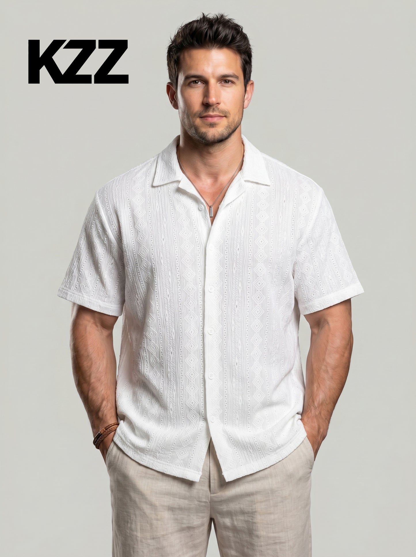 KZZ Men's Solid Coffee-Colored Short-Sleeve Shirt
