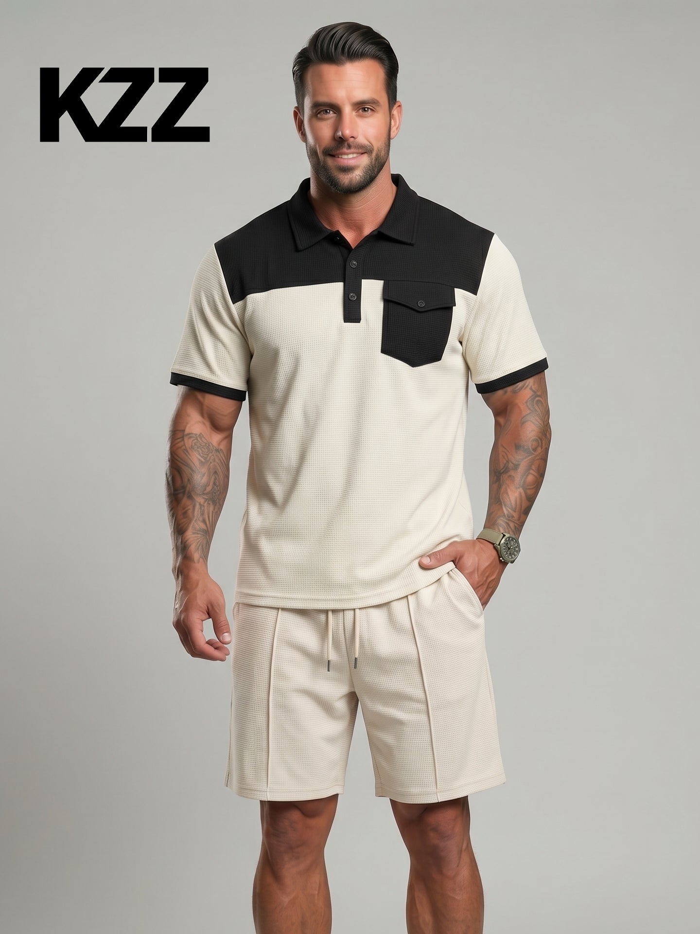 KZZ Men's Solid-Color Half-Zip Polo Shirt & Shorts Two-Piece Set