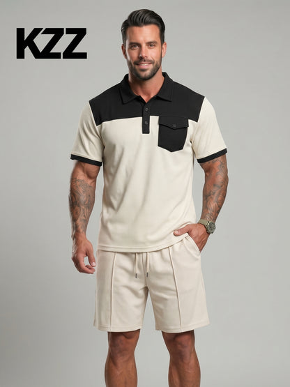 KZZ Men's Solid-Color Half-Zip Polo Shirt & Shorts Two-Piece Set