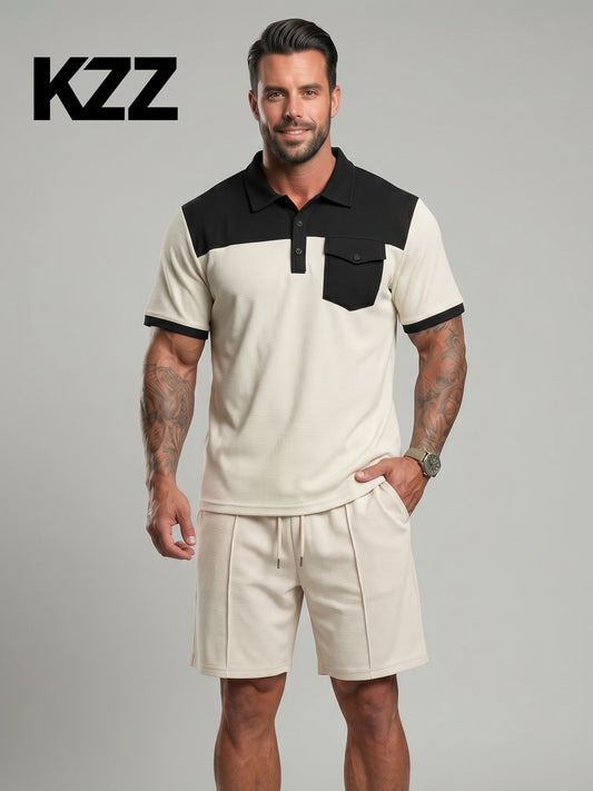 KZZ Men's Solid-Color Half-Zip Polo Shirt & Shorts Two-Piece Set