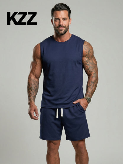 KZZ Men's Solid-Color Ribbed Sleeveless Vest and Shorts Two-Piece Set