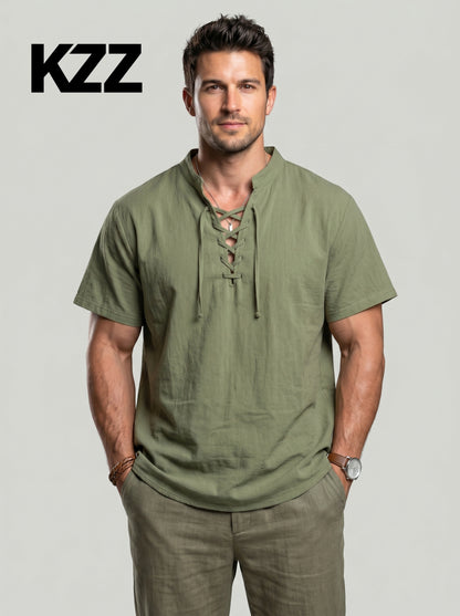 KZZ Men's summer linen stand-up collar short-sleeved shirt