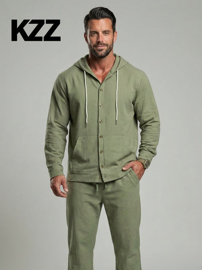 KZZ Men's Solid Button Down Shirt & Pants Linen Set