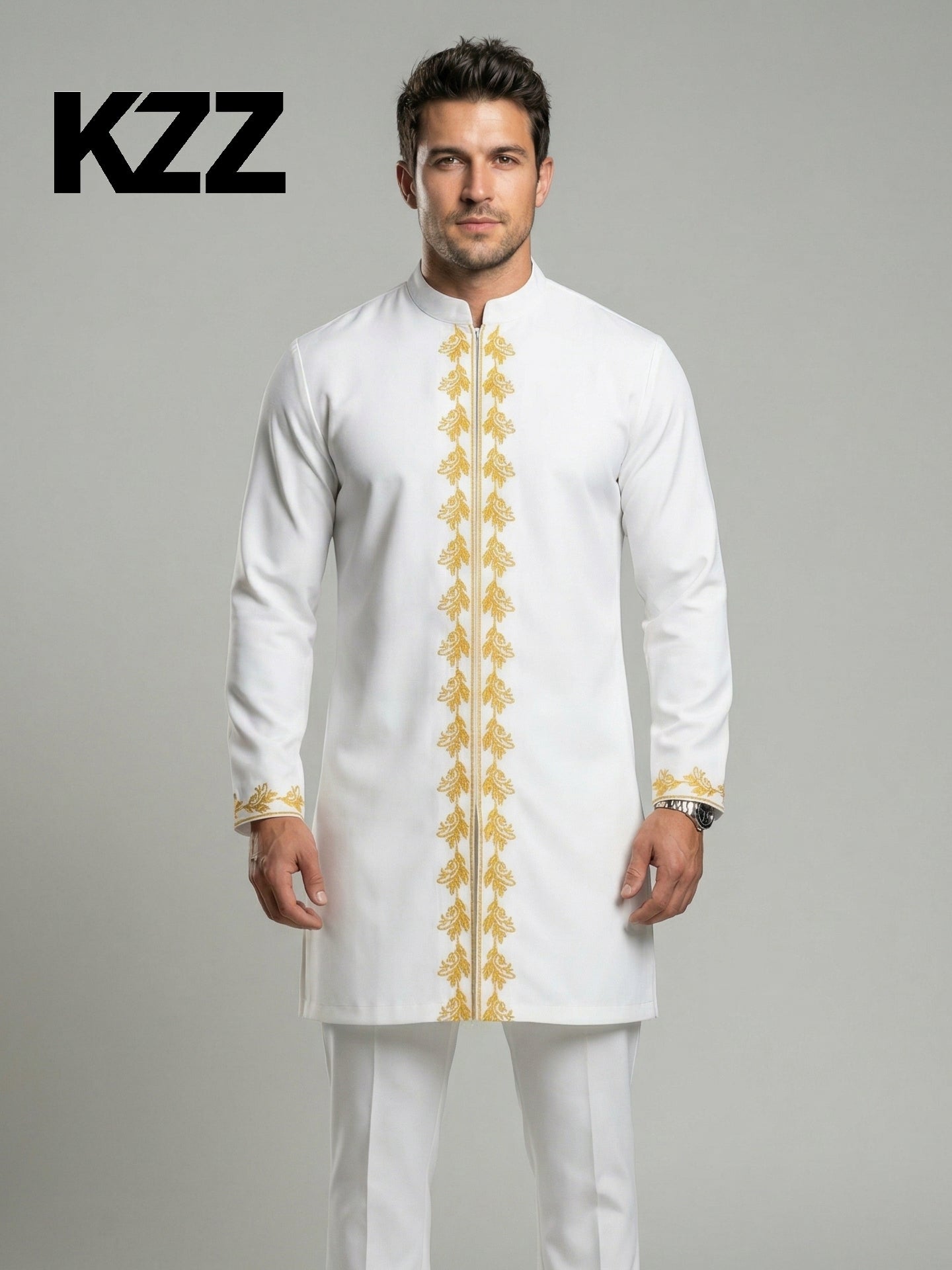 VVZ Long-Sleeve Embroidered Stand-Collar Shirt and Casual Trousers