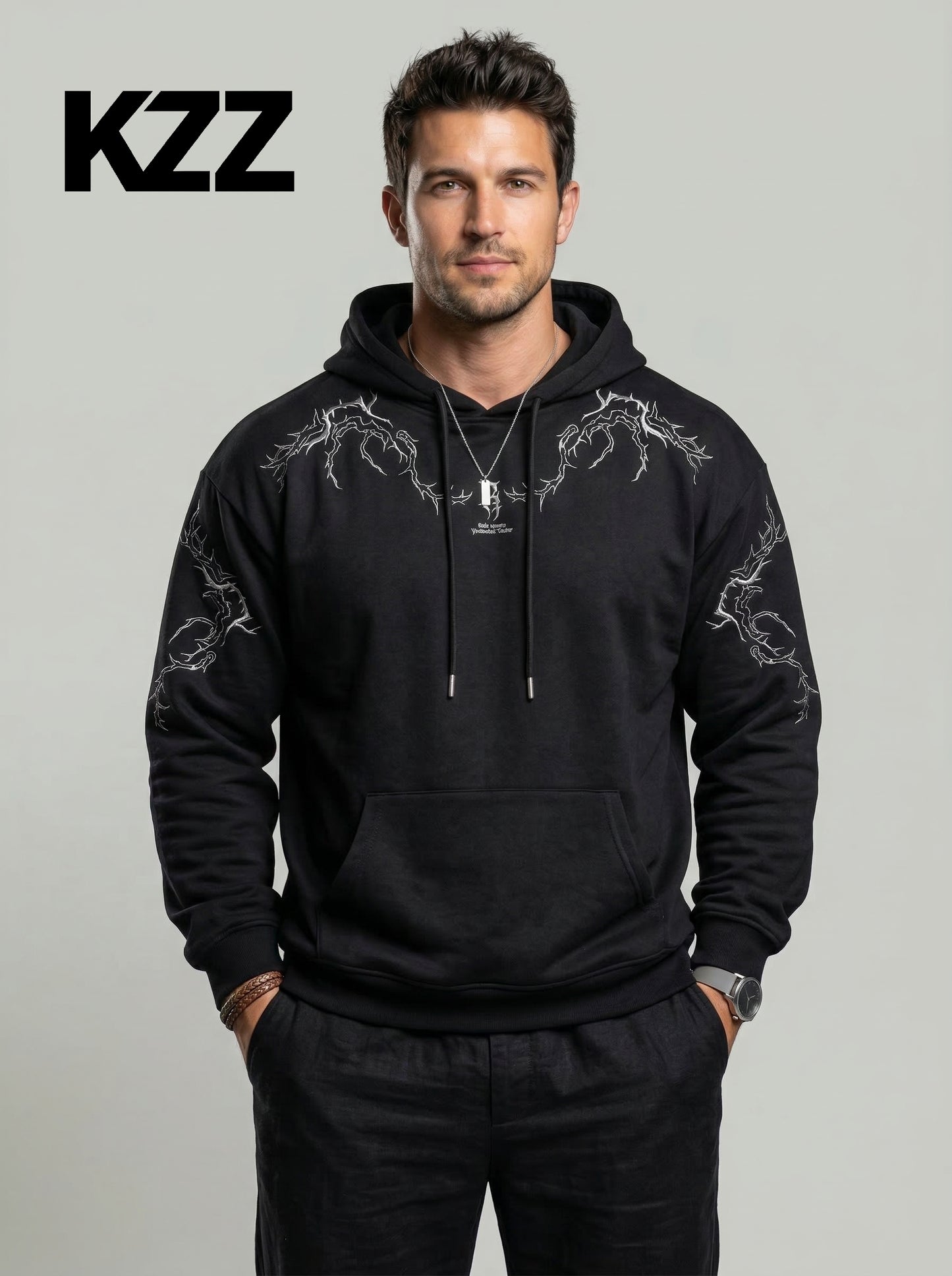 KZZ Men's Casual Loose-Fit Embroidered Thorns Hooded