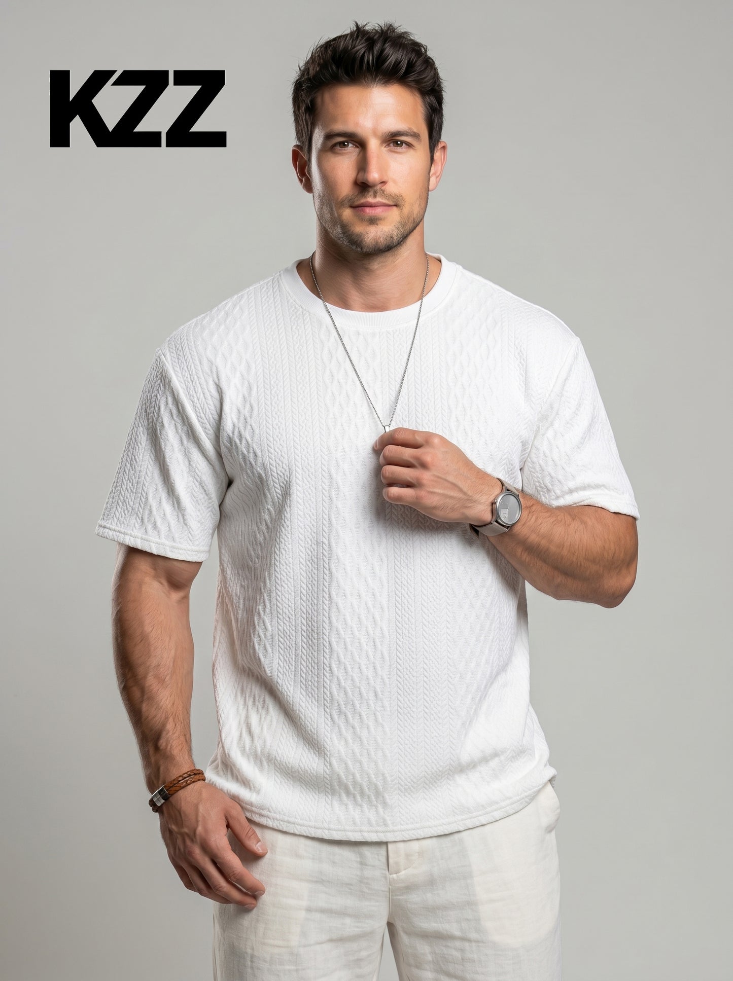 KZZ Men's Spring/Summer Solid-Color Short-Sleeve T-Shirt with Textured Fabric