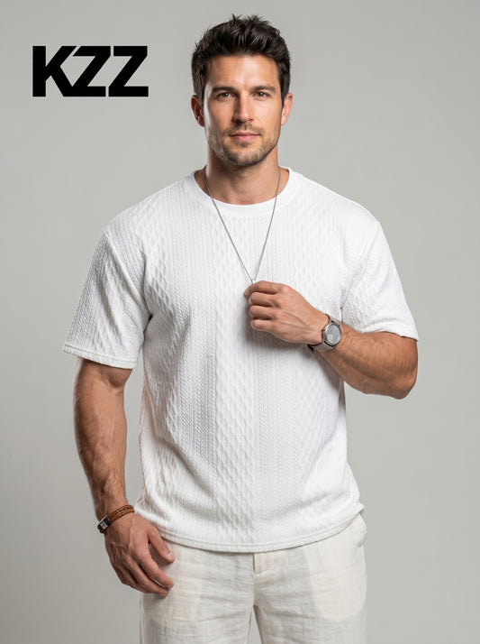 KZZ Men's Spring/Summer Solid-Color Short-Sleeve T-Shirt with Textured Fabric