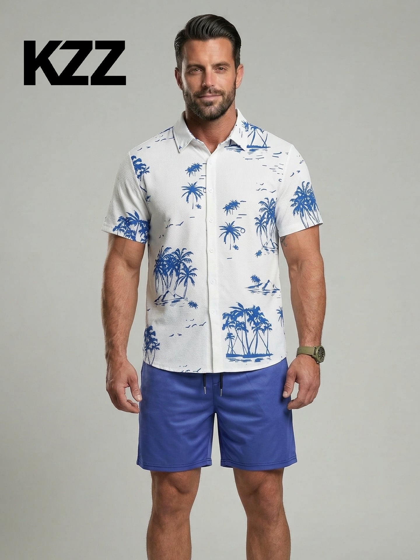 KZZ Men's Tropical Coconut Tree Print Shirt & Shorts Set