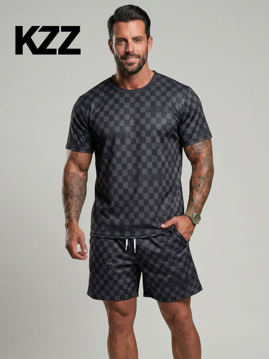 KZZ Men's Crew Neck Short-Sleeve T-Shirt and Shorts Set