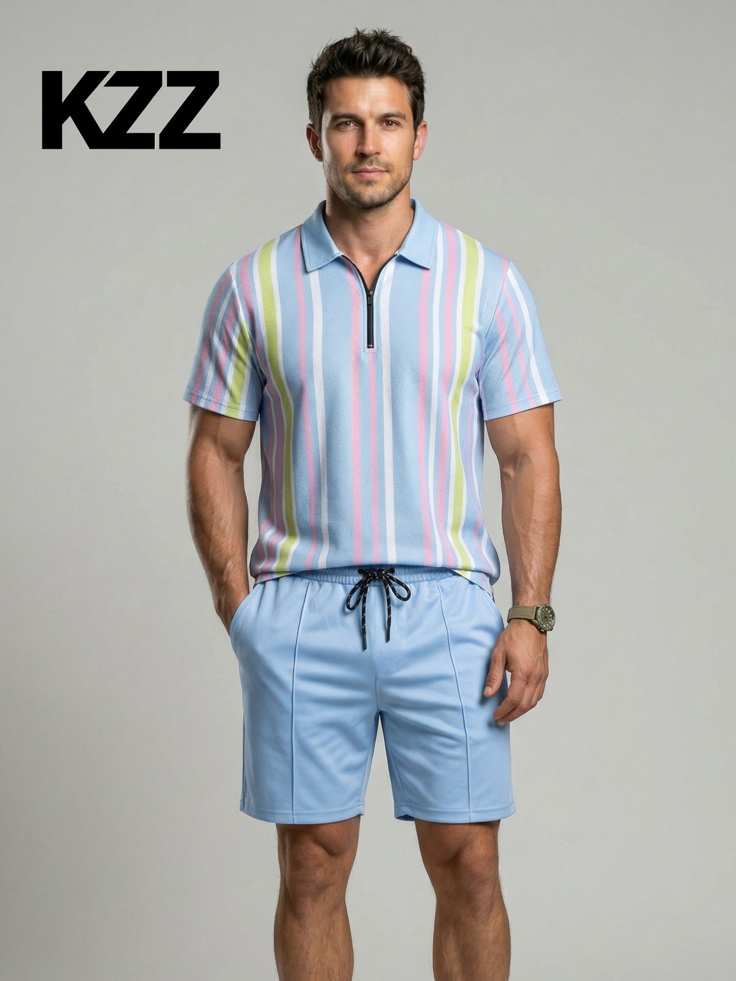 KZZ Men's Colorblock Striped Print Short Sleeve Shirt & Shorts Two-Piece Set