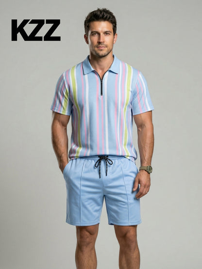 KZZ Men's Colorblock Striped Print Short Sleeve Shirt & Shorts Two-Piece Set