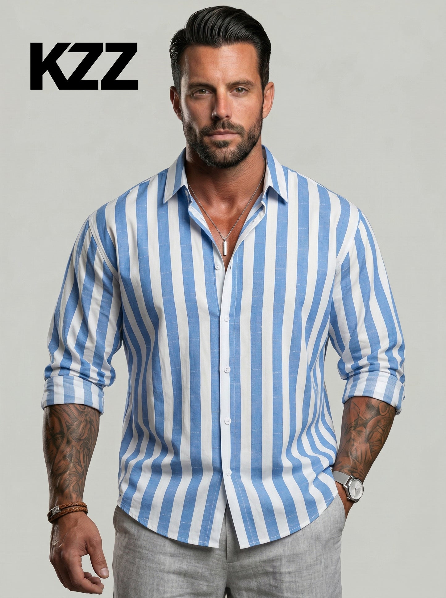 KZZ Men's Striped Print Long Sleeve Dress Shirt