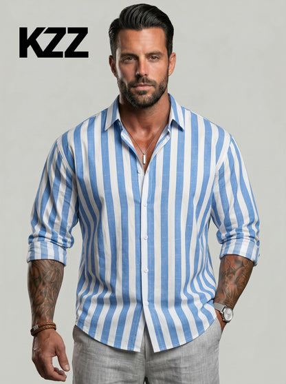 KZZ Men's Striped Print Long Sleeve Dress Shirt