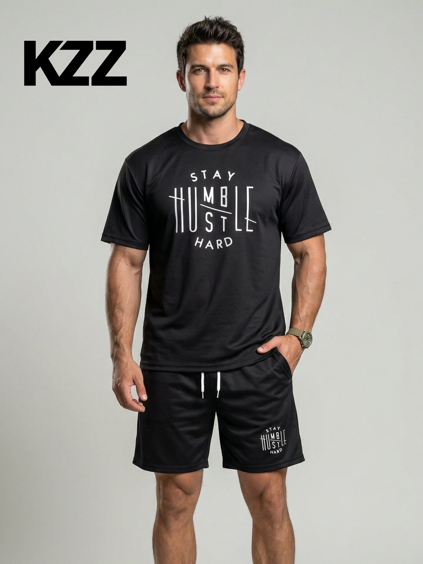 KZZ Men's  Letter Print Round Neck Shortsleeve Tee & Drawstring Waist Shorts Set