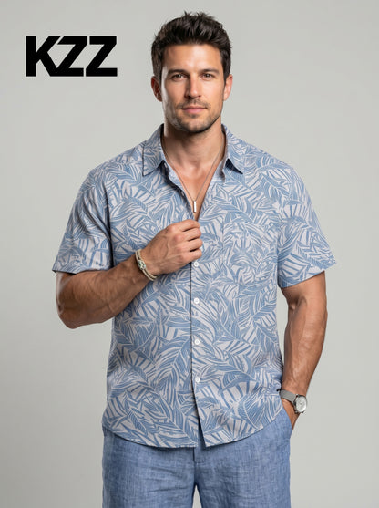 KZZ Men's Cotton-Linen Tropical Beach Shirt
