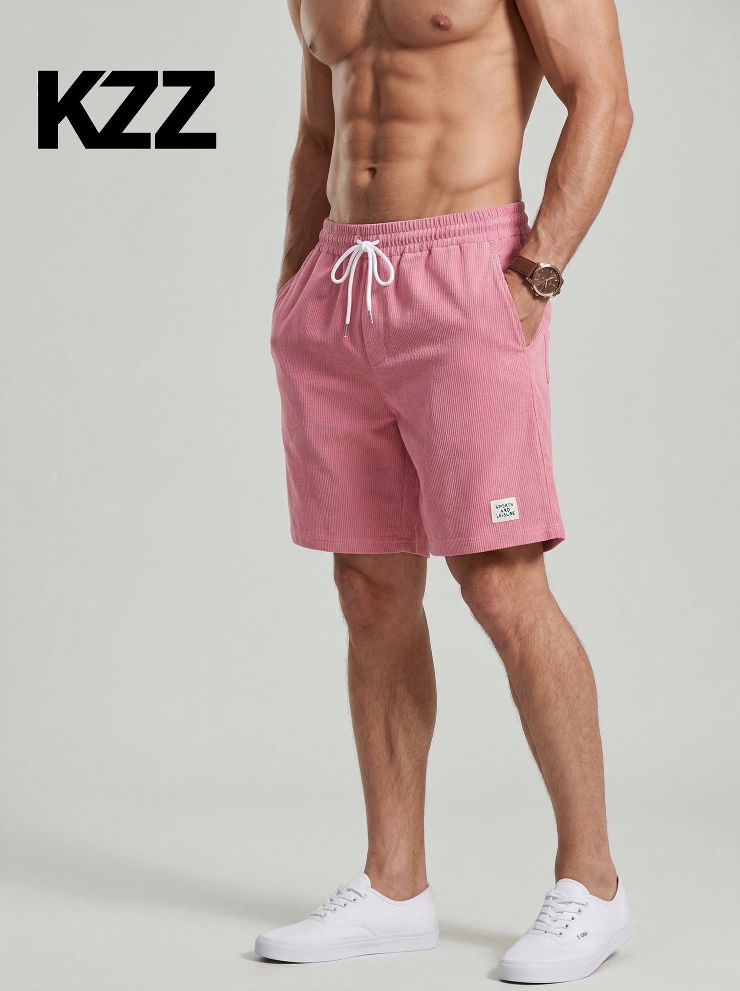 KZZ Men's Solid Patched Drawstring Waist Shorts