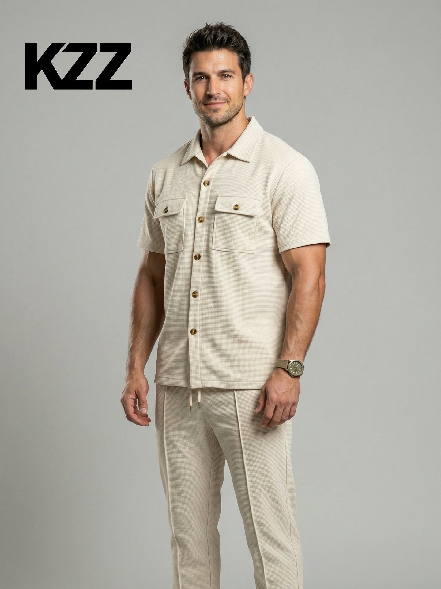 KZZ Solid-Color Button-Down Shirt and Trousers Set