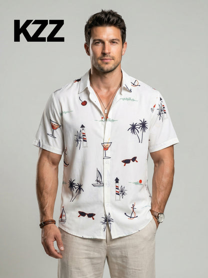 KZZ Men's Tropical Print Short Sleeve Shirt