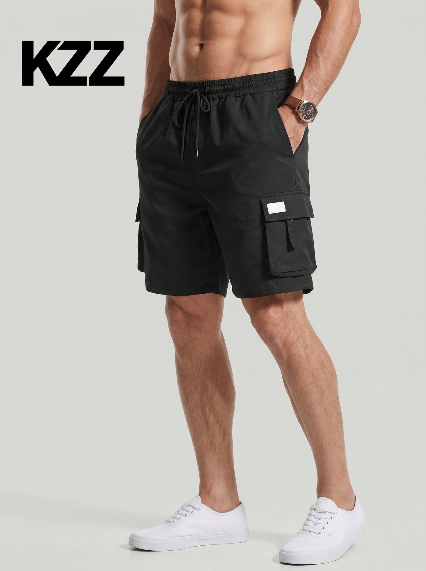 KZZ Men's Plus Size Solid Flap Pocket Cargo Shorts