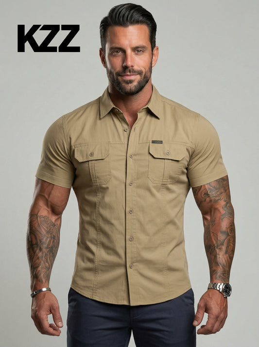 KZZ Durable Short Sleeve Workwear Button Down Shirt